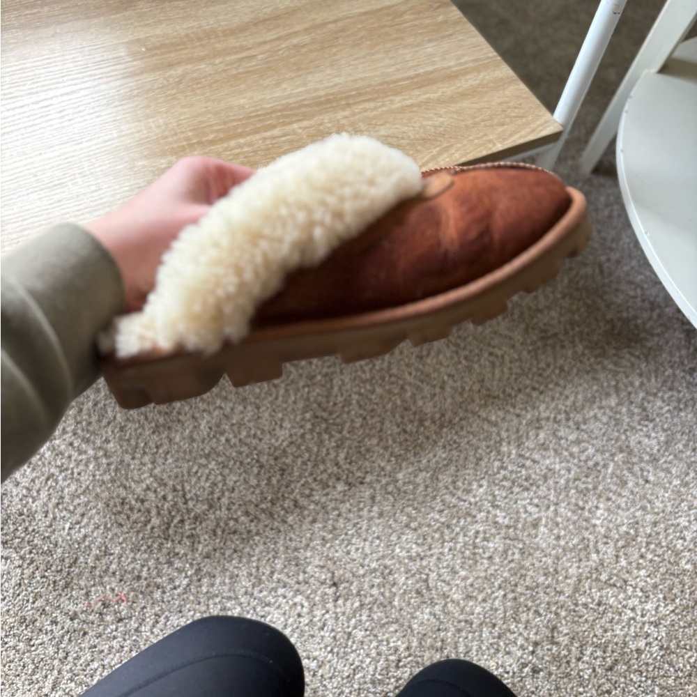 UGG Chestnut Suede Sheepskin Mule Slippers with Cream Collar - Picture 6 of 9